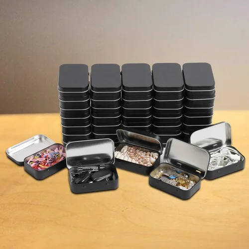 Vista 6 de Tamicy Latas rectangulares de metal con bisagras, paquete de 40 mini cajas portátiles de color negro mate, latas pequeñas de almacenamiento vacías