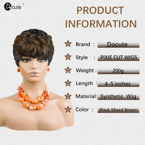 Vista 2 de DOcute Pelucas cortas de corte Pixie para mujeres negras, peluca Pixie negra y marrón, pelucas cortas rizadas con flequillo, peluca corta