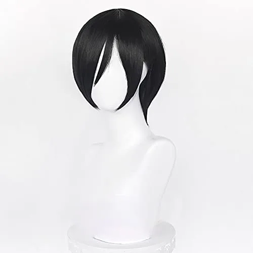 Vista 3 de PWEINCY Peluca de cabello corto y recto negro para mujeres y hombres, para cosplay de Mikasa Ada Wong, para fiesta de anime, disfraz de Halloween