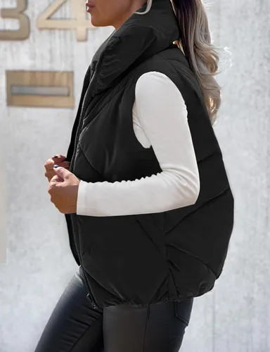 Vista 2 de MEROKEETY Chaleco acolchado sin mangas con cremallera para mujer, con cuello alto, con bolsillos