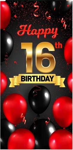 Vista 8 de Cartel de feliz cumpleaños 15 cumpleaños rojo y negro telón de fondo para cabina de fotos, globos de vítores a 15 años de edad, decoración temática