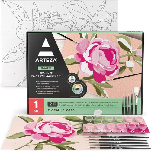 Vista 12 de Arteza Pintura por números para adultos, 12 x 16 pulgadas, 21 piezas, kit de pintura de barco por números, viene con 1 panel de lienzo, 12 macetas