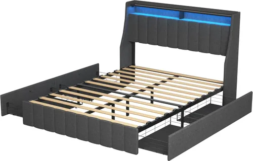 Vista 7 de Livavege Base de cama Queen con cabecera LED y 4 cajones de almacenamiento sobre ruedas, cama de plataforma tapizada con alas con salidas y puertos