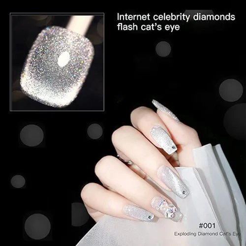 Vista 5 de VERONNI Esmalte de uñas de gel de ojo de gato con diamantes reflectantes, brillo plateado, ojo de gato, gel UV LED (E-01) con imán