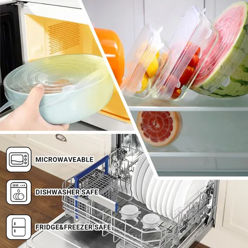 Vista 5 de Paquete de 4 tapas elásticas de silicona reutilizables de 4.5 pulgadas, fundas de silicona para almacenamiento de alimentos, tapas elásticas