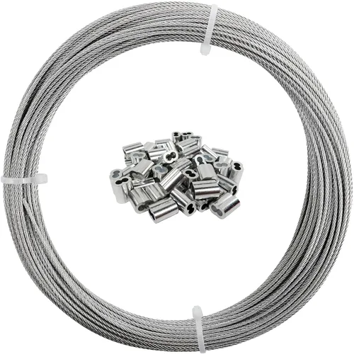 Vista 8 de Cable de alambre de 1/16 de pulgada, cable de acero inoxidable 304 de 100 pies con 50 fundas de engarzado, grado aeronáutico, hebra de 7x7