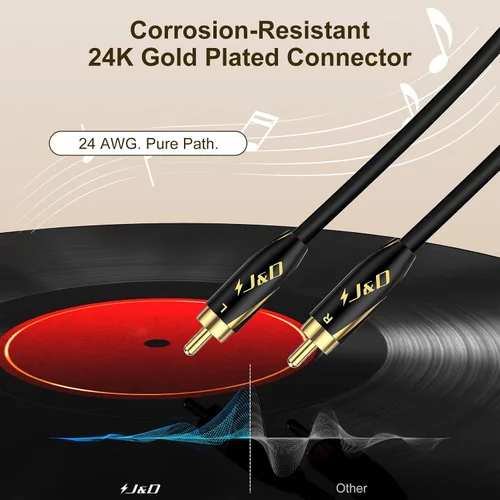 Vista 5 de J&D Audiophiles - Cable RCA de 24 AWG 2RCA macho a macho, cable de audio de interconexión estéreo, cable de subwoofer chapado en oro para cine