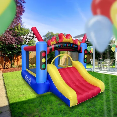 Vista 7 de Cloud 9 Casa inflable de la despedida y el soplador, gorila del tema de la pista del coche de carreras para los niños con la diapositiva y la gran