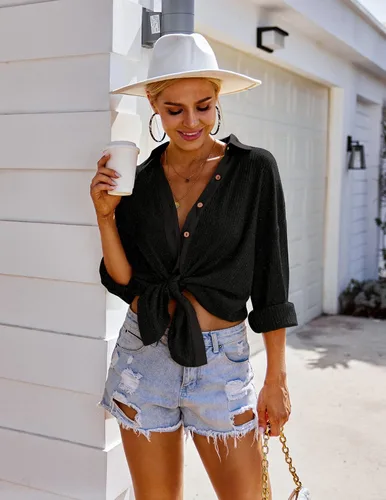 Vista 3 de Hotouch Women Casual Button Down V Neck Blouses Long Sleeve Collared Knitted Tops Ribbed Shirts