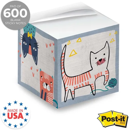 Vista 2 de Whimsical Cats - Cubo de notas adhesivas para gatos, 600 hojas, bloque de notas de 2.75 pulgadas impreso en 4 lados, diseño felino diferente en cada