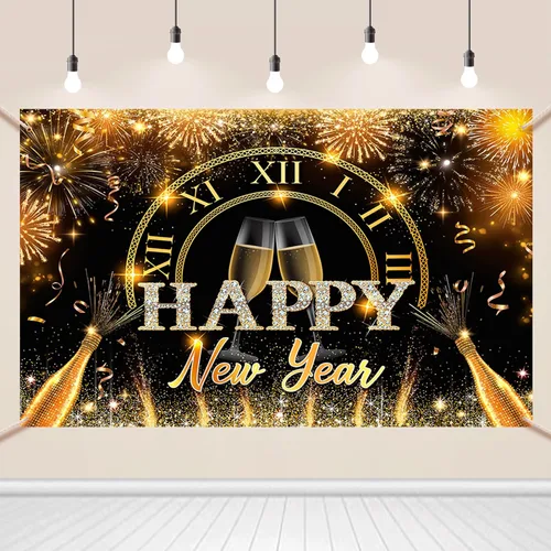 Vista 11 de AIBIIN Telón de fondo de 7 x 5 pies con texto en inglés «Happy New Year» 2026, noche de la ciudad, víspera de Año Nuevo, grandiosos fuegos Fuegos