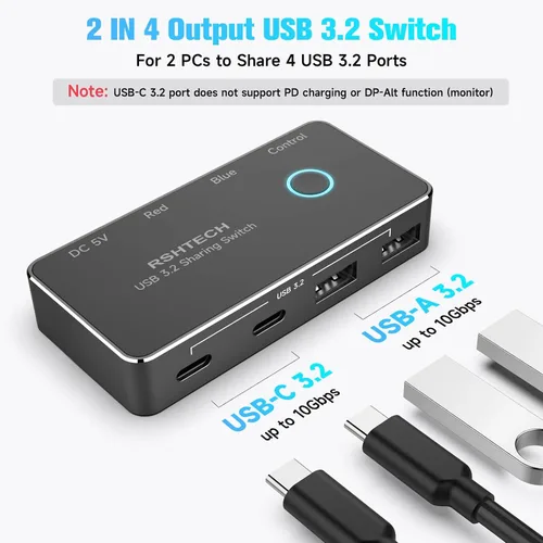 Vista 2 de RSHTECH USB 3.2/USB C Switch 10Gbps 2 ordenadores comparten 4 dispositivos, RSH-A201C Negro