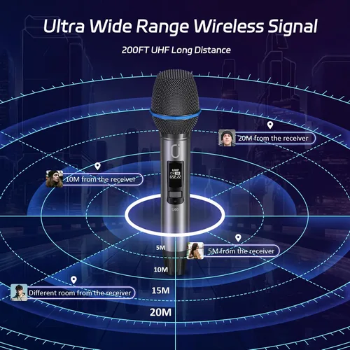 Vista 4 de JAUYXIAN Micrófonos inalámbricos U60, sistema de micrófono dual UHF con receptor recargable, micrófono de karaoke de metal para cantar, boda, DJ