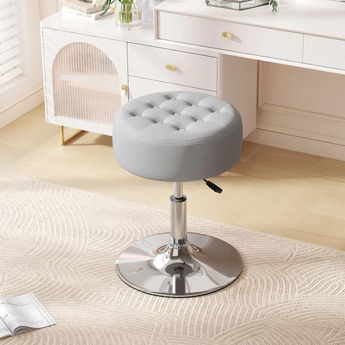 Vista 13 de Furniliving Taburete Otomano de Maquillaje de Terciopelo Acolchado de Mediados de Siglo, Silla Taburete de Tocador Giratoria Redonda Ajustable