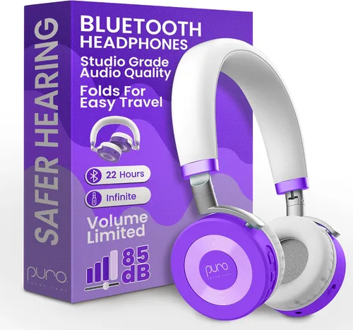 Vista 10 de Puro Sound Labs JuniorJam Plus - Audífonos Bluetooth inalámbricos con limitación de volumen para niños, audio seguro con diseño ajustable