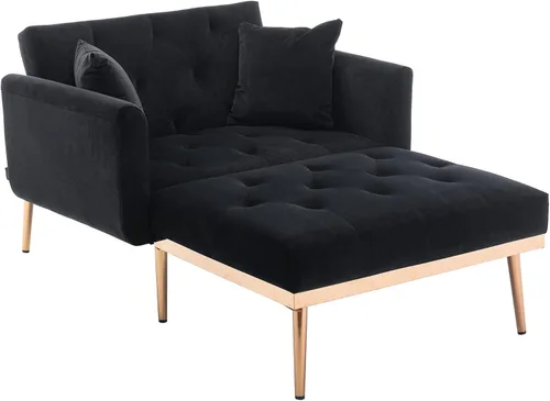 Vista 3 de Tumbona de terciopelo 2 en 1 para interiores, moderno sofá cama individual con dos almohadas, respaldo ajustable, silla reclinable convertible