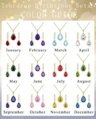 Vista 6 de Sumonyo Juego de joyas para mujer, collar con colgante de lágrima chapado en plataoro, aretes colgantes, juegos de piedras natales, diamantes