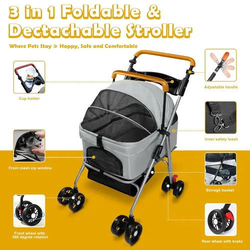 Vista 3 de Carriola de mascotas con canasta de almacenamiento y portavasos, cochecito plegable para perros, carriola plegable para gatos, carrito 3 en 1