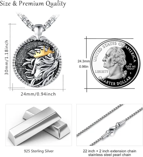 Vista 6 de XIXLES LionTiger Head Necklace 925 Sterling Silver Gold Plated Embossed Shiny 3D Animal Head Pendant, Charm TigerLion Medal Jewelry Gift for Men