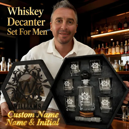 Vista 2 de Juego de decantadores de whisky personalizados para hombres, para el hogar, bar, decantadores de licor personalizados, caja de madera, vasos
