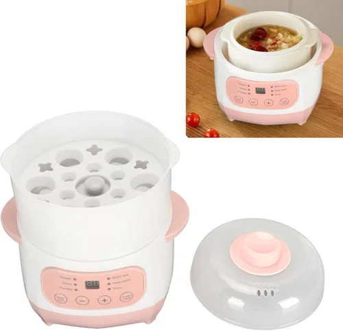 Vista 8 de Olla eléctrica para estofado, 1 litro, 200 W, temporizador de citas, olla de cocción lenta inteligente con vaporizador y hervir seco, mini olla