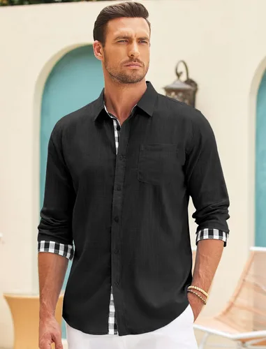 Vista 2 de COOFANDY Camisa de lino para hombre, camisa de playa con botones y textura casual
