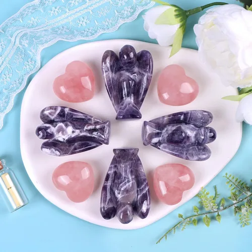 Vista 4 de Artistone Juego de piedras curativas de corazón de ángel guardián de amatista, piedras preciosas talladas a mano, piedras preciosas de cuarzo