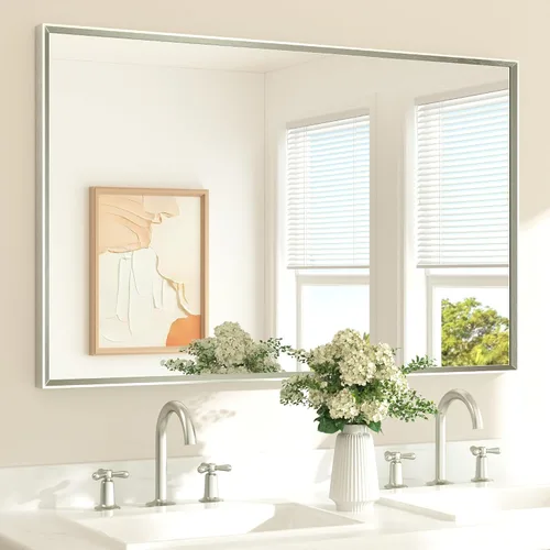 Vista 54 de TETOTE Espejo de baño dorado cepillado de 20" x 30", espejo de tocador de baño rectangular de latón dorado cepillado con marco biselado para sobre