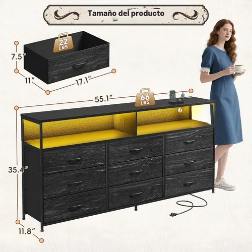 Vista 3 de Cómoda de 55 pulgadas de ancho para dormitorio con 9 cajones LED, tomas de corriente para TV de 65 pulgadas