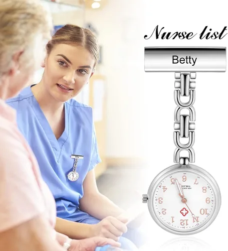 Vista 4 de Relojes de enfermera para enfermeras, médicos, relojes de enfermería personalizados, con nombre grabado, pin de solapa en el reloj de enfermería