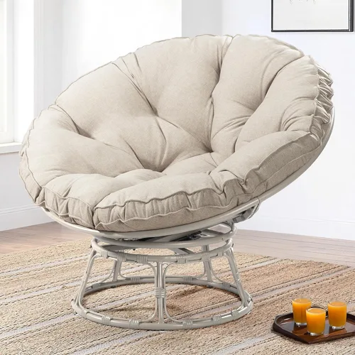Vista 2 de Papasan - Silla con cojín, base giratoria de 360°, platillo grande, marco gris claro, poliéster beige