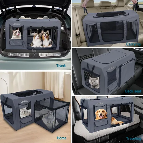 Vista 7 de Jaula de viaje para perros grandes, jaula portátil para perros de 39 pulgadas, plegable, suave para interiores y exteriores
