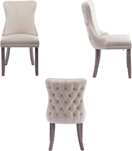 Vista 4 de mikibama Juego de 2 sillas de comedor tapizadas de terciopelo con respaldo de ala, sillas de comedor con patas de madera maciza con botón de cabeza