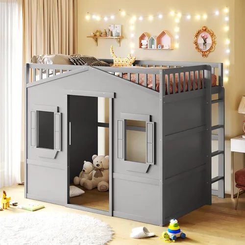 Vista 40 de Playhouse Wood Twin Size Loft Bed with Storage Staircase, Desk, Shelves