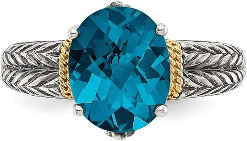 Vista 5 de Anillo de compromiso de plata de ley 925 maciza con topacio azul Londres de oro amarillo de 14 k