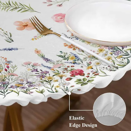 Vista 4 de Mantel redondo ajustable con flores silvestres botánicas, manteles elásticos impermeables para interiores y exteriores, mantel elástico para cena