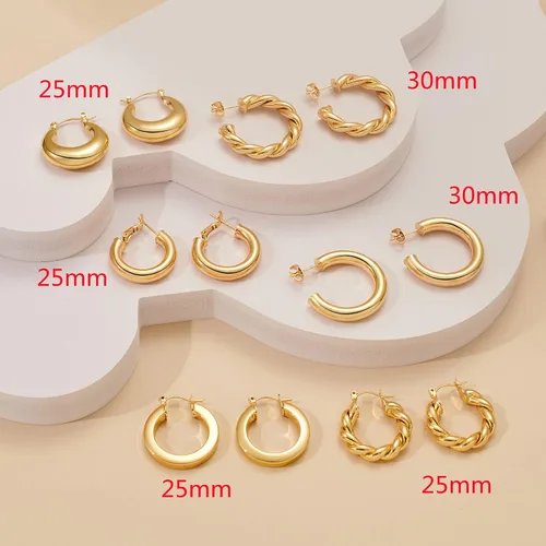 Vista 7 de Juego de aretes de aro gruesos chapados en oro real de 14 quilates para mujer, hipoalergénicos, gruesos, ligeros, para mujer, 20253040502.362in