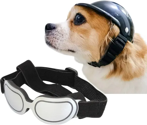 Vista 3 de La La Pet® Casco para mascotas con gafas para perro, sombrero para perro, gafas de sol para mascotas, protección UV, gafas de sol para cachorros