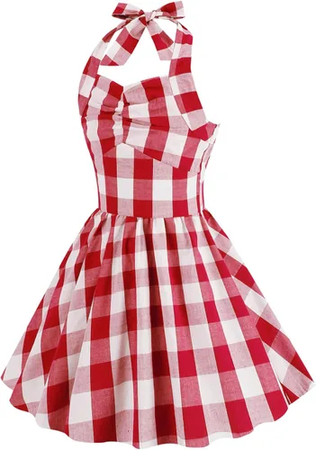 Vista 2 de Vestido vintage para niñas pequeñas, a cuadros, cuello halter, acampanado, vestido retro de cóctel, vestido de noche, disfraces de graduación