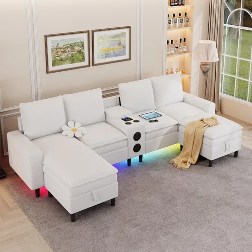 Vista 2 de Sofás seccionales para sala de estar, sofá modular de 4 asientos con módulo inteligente, altavoz Bluetooth, luz RGB, estación de carga, sofá de nube