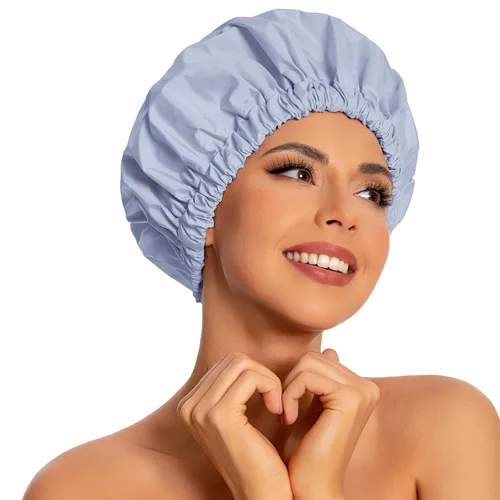 Vista 19 de Gorro de ducha reutilizable para mujer, grande, impermeable, lavable, banda elástica, accesorios de baño, sombrero para cabello largo, trenzas Beige