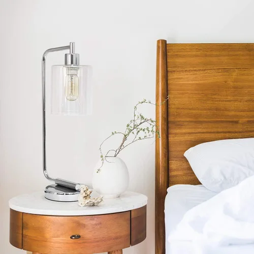 Vista 4 de Simple Designs LD1036-CHR Bronson Lámpara de Mesa de Linterna de Hierro Industrial Estilo Antiguo para Escritorio y Mesita de Noche con Pantalla