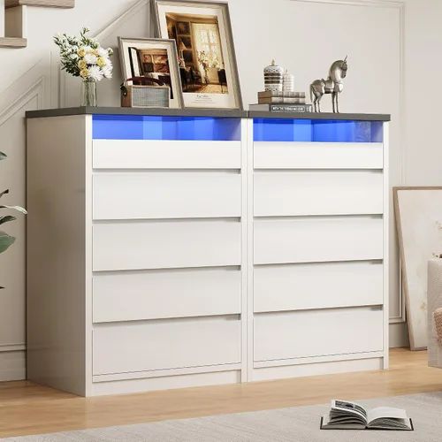 Vista 7 de Jocoevol Cómoda de 5 cajones para dormitorio con luz LED, cómoda moderna con asas ocultas, armario alto de madera para sala de estar, entrada