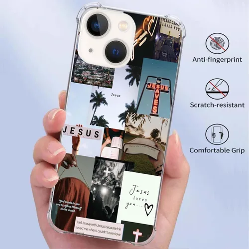 Vista 2 de Funda de teléfono con collage cristiano de versículos bíblicos compatible con iPhone 14, funda cristiana con citas positivas para adolescentes