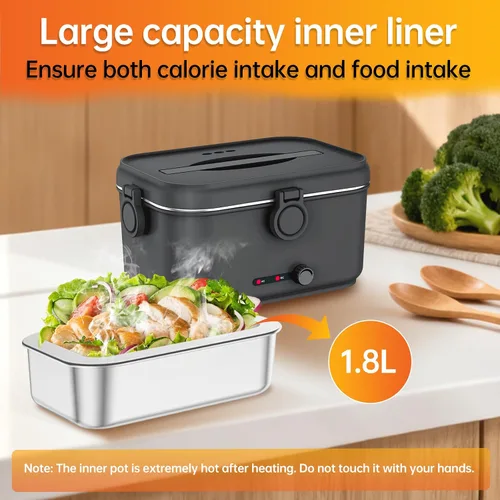 Vista 3 de Lonchera eléctrica con calefacción para adultos, calentador de alimentos portátil de 80W con contenedor de acero inoxidable de 1.8L, cubiertos