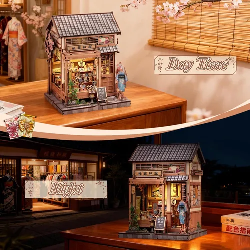Vista 9 de CUTEBEE Kit de rincón de libro, tienda de kimonos de Sakura japonesa, casa de muñecas en 3D, rompecabezas de madera 3D para adultos y adolescentes