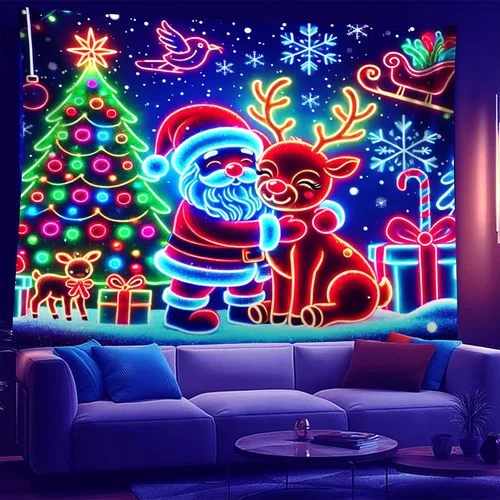 Vista 9 de NYZE - Tapiz de Navidad con Papá Noel, tapiz de luz negra que brilla en la oscuridad, colgante de pared, banner festivo, decoración para fiesta