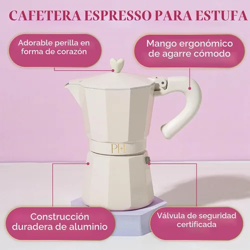 Vista 3 de Paris Hilton Cafetera de café y café para estufa, cafetera de estilo italiano y cubano con emblemática perilla de corazón, perfecta para expreso