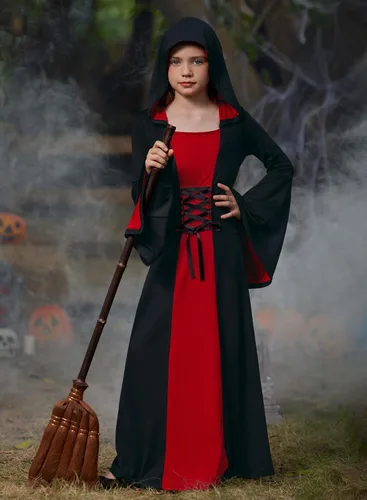 Vista 5 de BesserBay Disfraz de bruja para niñas, vestido de vampiro de Halloween de 5 Negro y Rojo Vestido