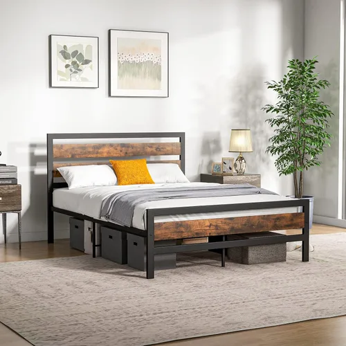 Vista 10 de Giantex Base de cama de metal con estación de carga, plataforma industrial con cabecera de almacenamiento, base de colchón resistente, fácil